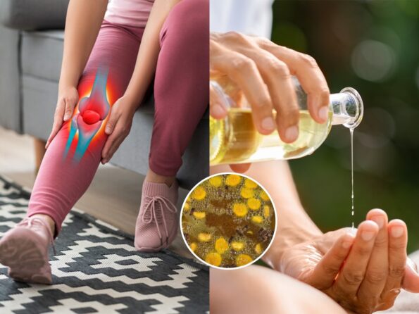 A woman experiencing knee joint pain, with adjacent images showing herbal oil being poured into a hand and a close-up of turmeric and clove-infused oil.